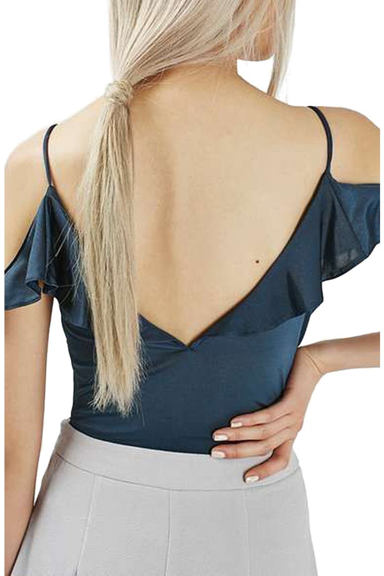 Ruffle Trim Cold Shoulder Bodysuit, Alternate, color, BLUE