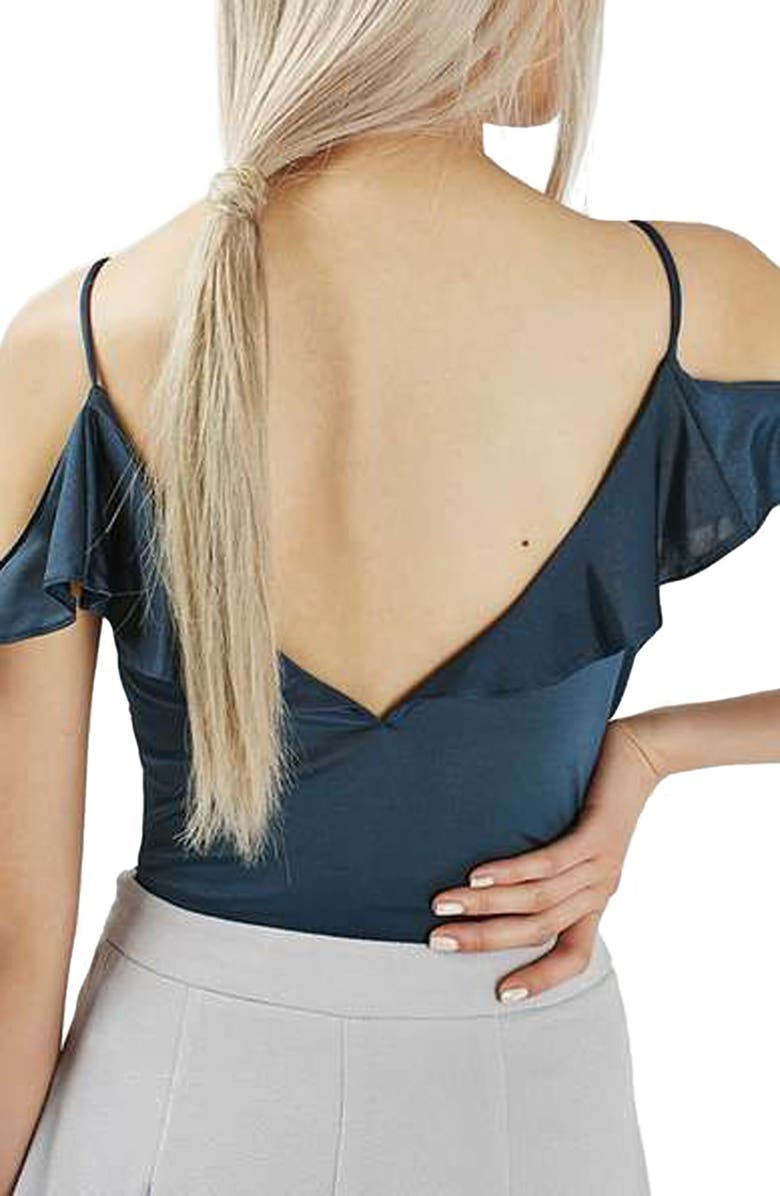 Topshop Ruffle Trim Cold Shoulder Bodysuit, Alternate, color, 