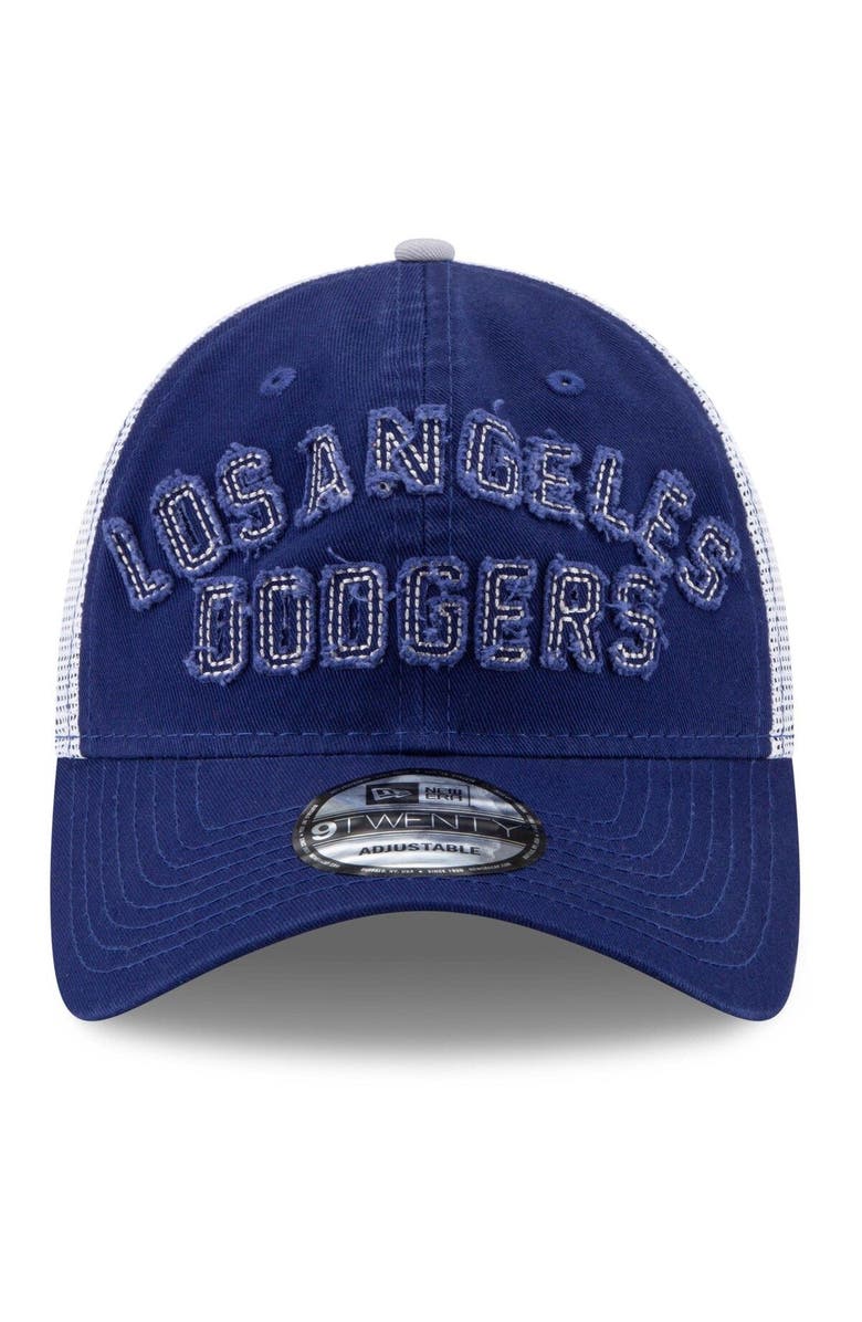 New Era Men's New Era Royal Los Angeles Dodgers Frayed Wordmark Trucker 9TWENTY Adjustable Hat, Alternate, color, 