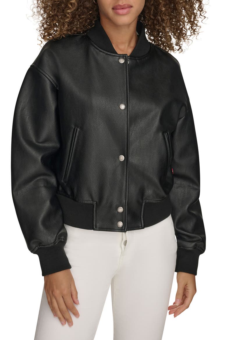 Relaxed Faux Leather Bomber Jacket, Main, color, BLK BLACK
