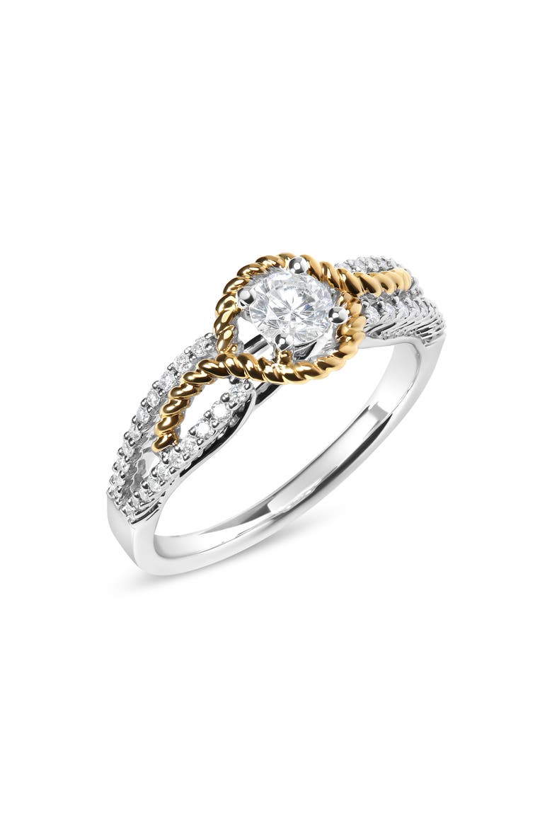 14K Two-Toned Gold Diamond 3/8 Cttw Diamond Split Shank and Halo Engagement Ring, Alternate, color, Yellow