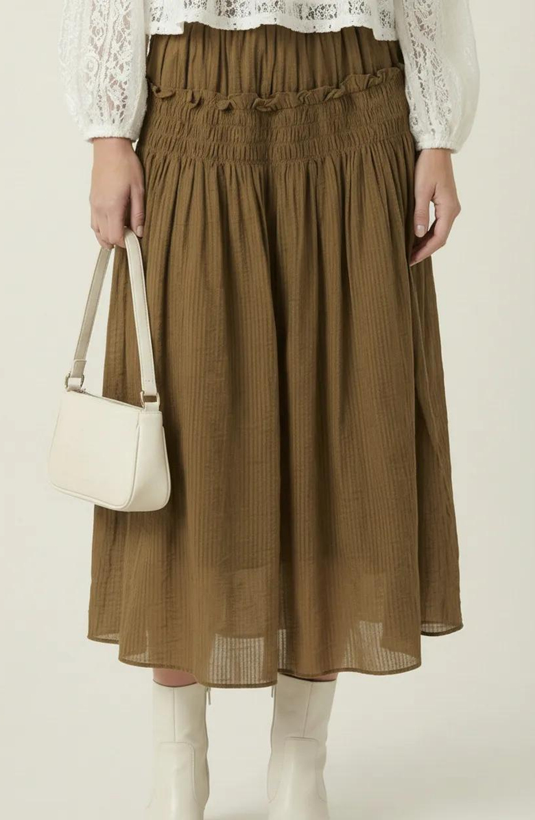 Modenaire Smocked Tiered Ruffle-Trim Flowy Maxi Skirt, Main, color, Olive Green