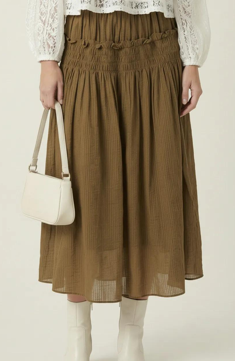 Smocked Tiered Ruffle-Trim Flowy Maxi Skirt