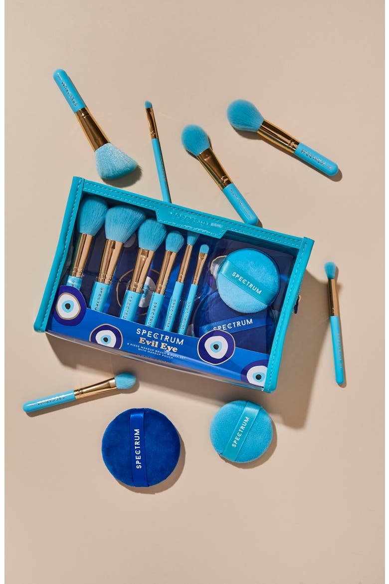 Evil Eye 8-Piece Travel Makeup Brush & Velvet Puff Set $50 Value, Alternate, color, BLUE/ TURQUOISE