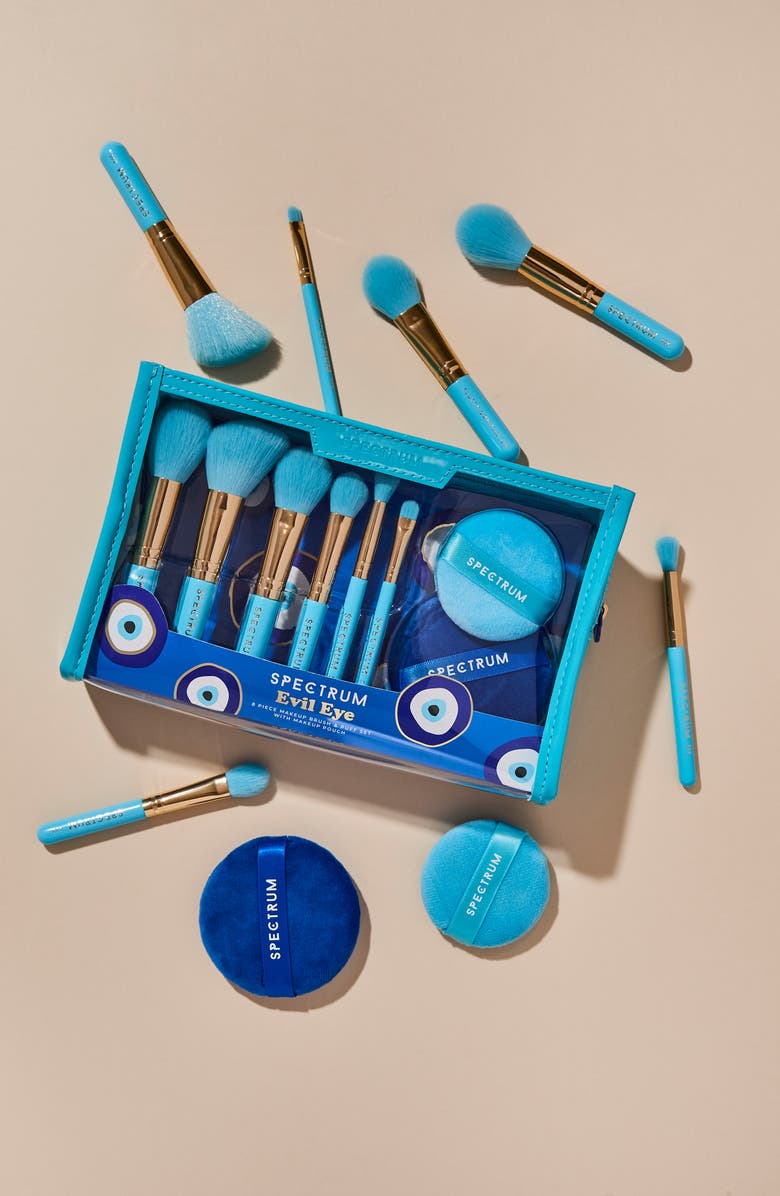 SPECTRUM Evil Eye 8-Piece Travel Makeup Brush & Velvet Puff Set $50 Value, Alternate, color, Blue/ Turquoise