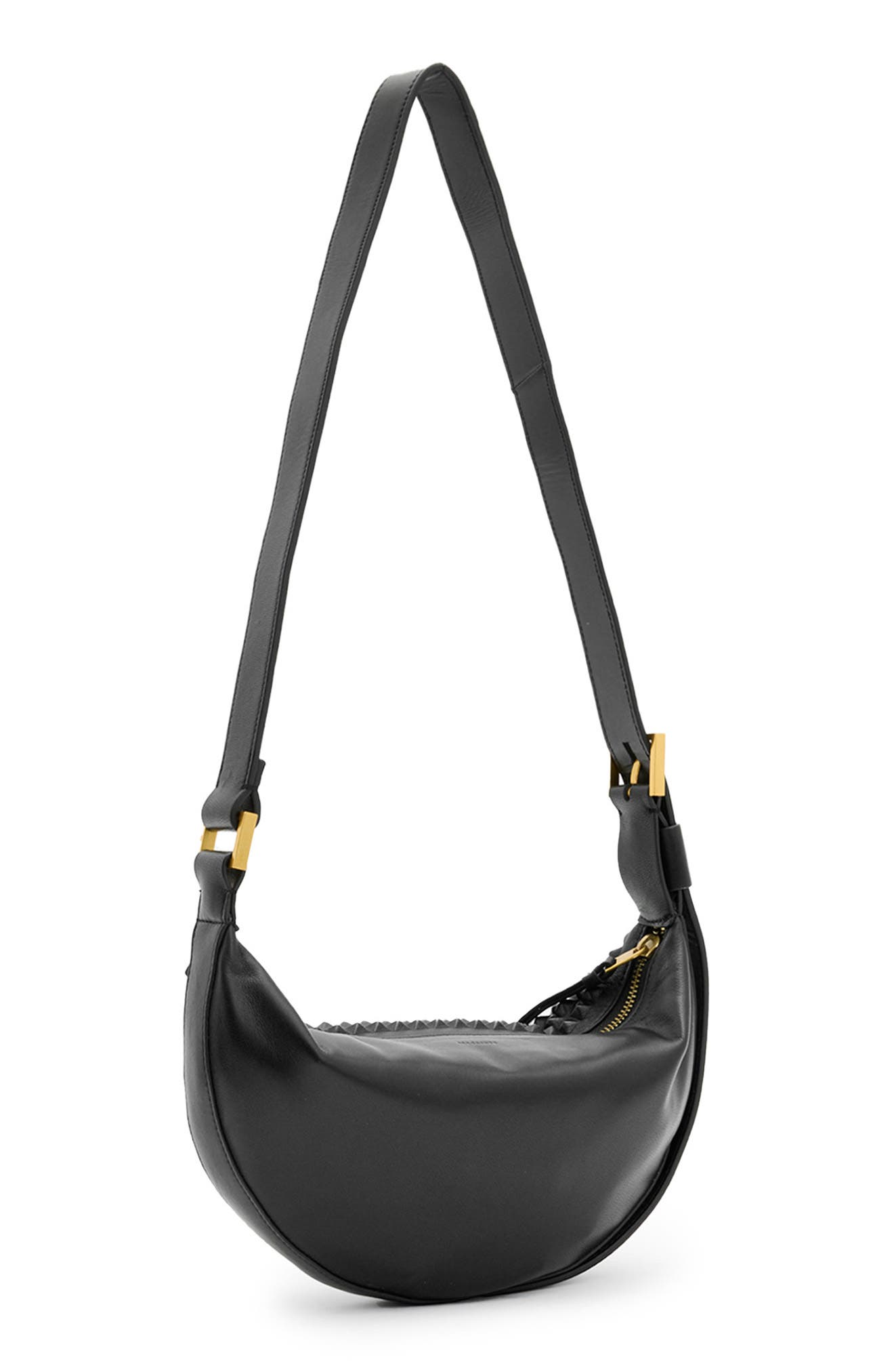 AllSaints Half Moon Studded Leather Crossbody Bag, Alternate, color, 