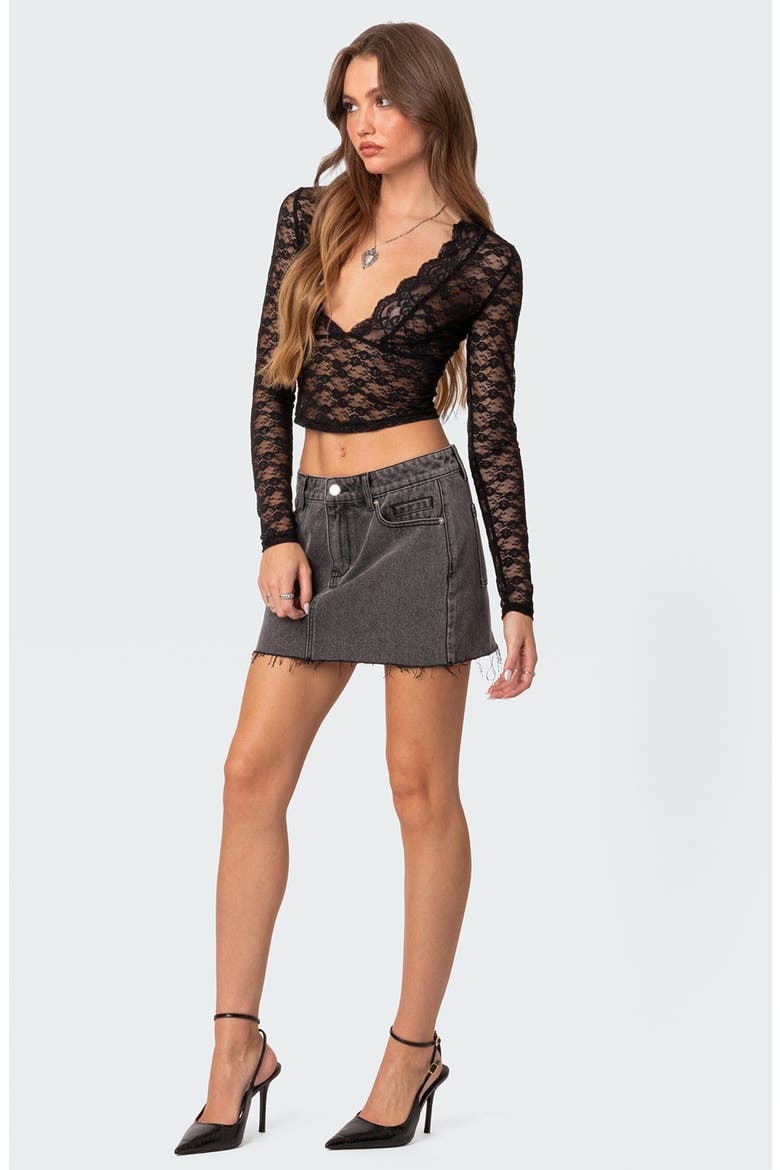 Beck Long Sleeve Sheer Lace Crop Top, Alternate, color, BLACK