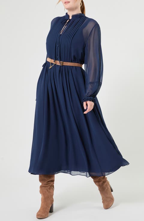 Long Sleeve Pintuck Pleat Silk Georgette Dress