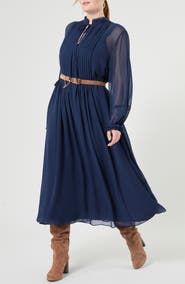 Marina Rinaldi Long Sleeve Pintuck Pleat Silk Georgette Dress
