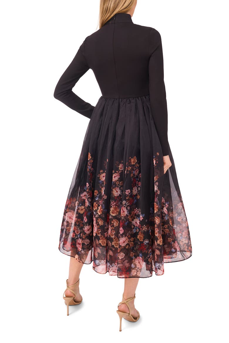Floral Long Sleeve Mixed Media Dress, Alternate, color, RICH BLACK