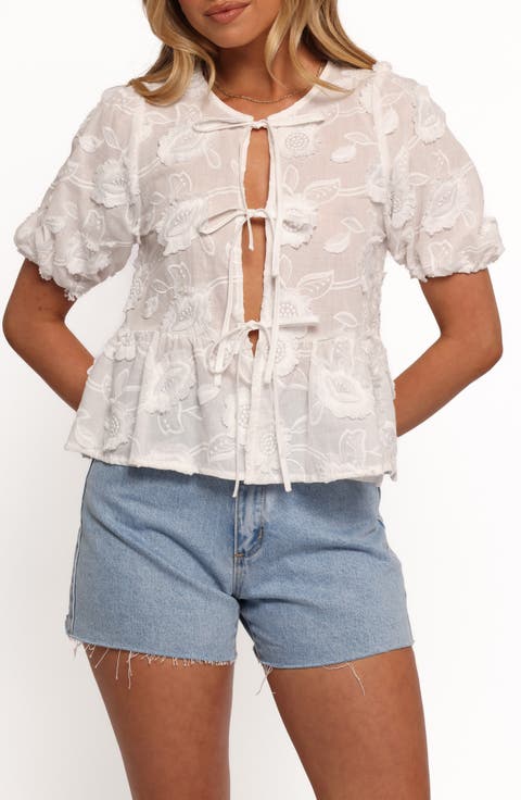 Dory Floral Embroidered Tie Front Top