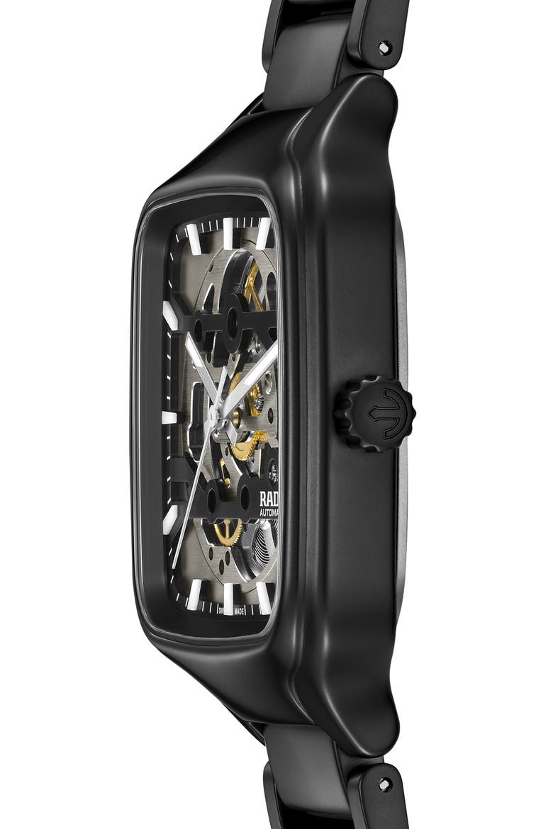 True Square Skeleton Automatic Rubber Strap Watch, 38mm, Alternate, color, BLACK