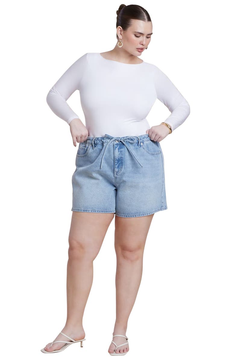 ELOQUII Drawstring Relaxed Denim Short, Main, color, Light Wash