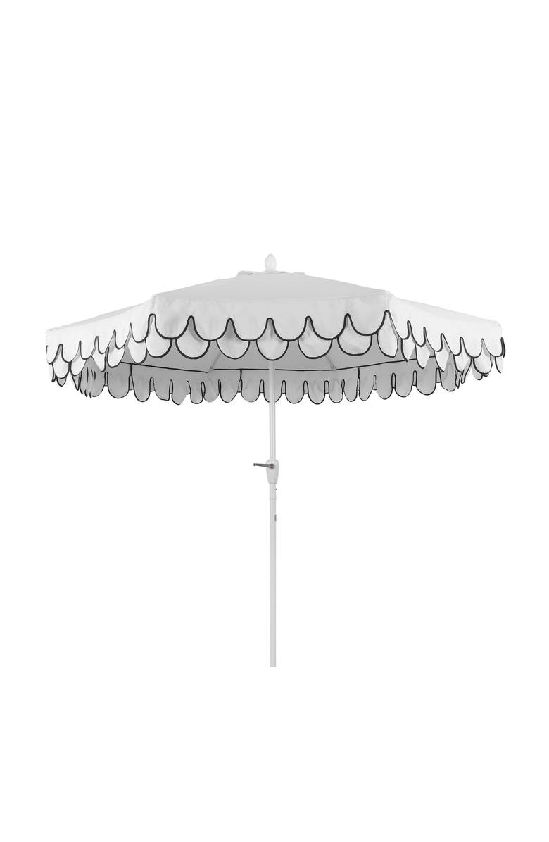 JONATHAN Y Tracy 9 ft. Classic MidCentury Scalloped Fringe Market Patio Umbrella with Auto-Tilt, Crank, Wind Vent and UV Protection, Alternate, color, White