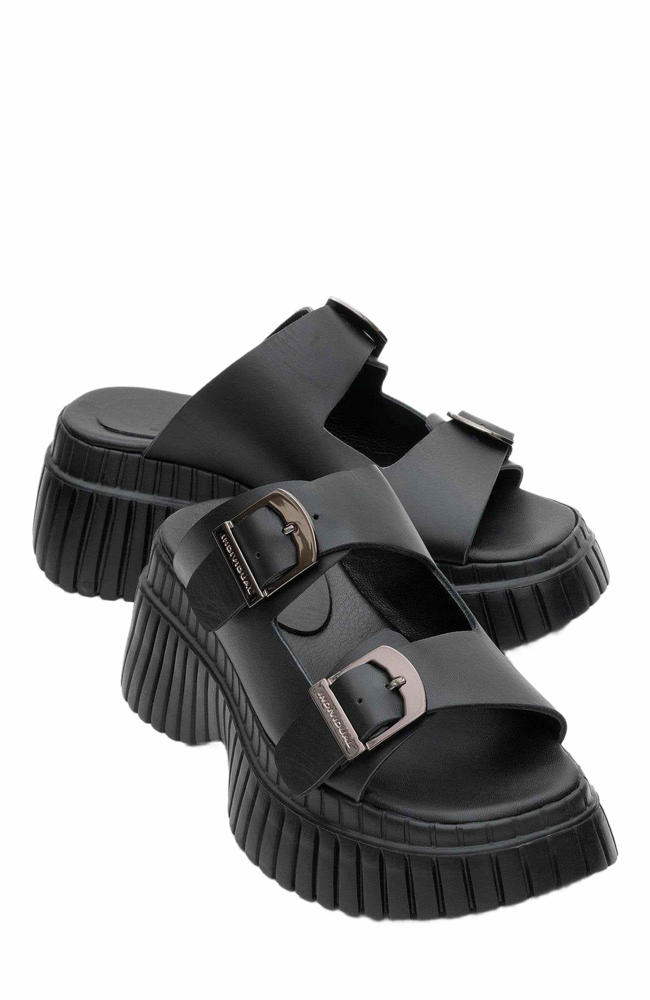Forever & Always Shoes Joanes Leather Two-Strap Platform Sandal, Alternate, color, Black Leather