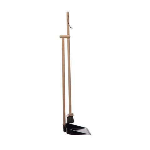 Beech Wood Broom and Standing Metal Dust Pan Set, Natural and Black