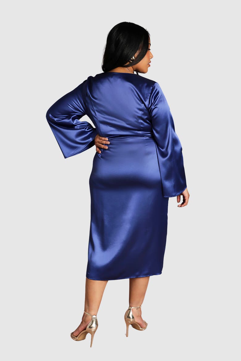 Plus Satin Flared Sleeve Wrap Dress, Alternate, color, Cobalt