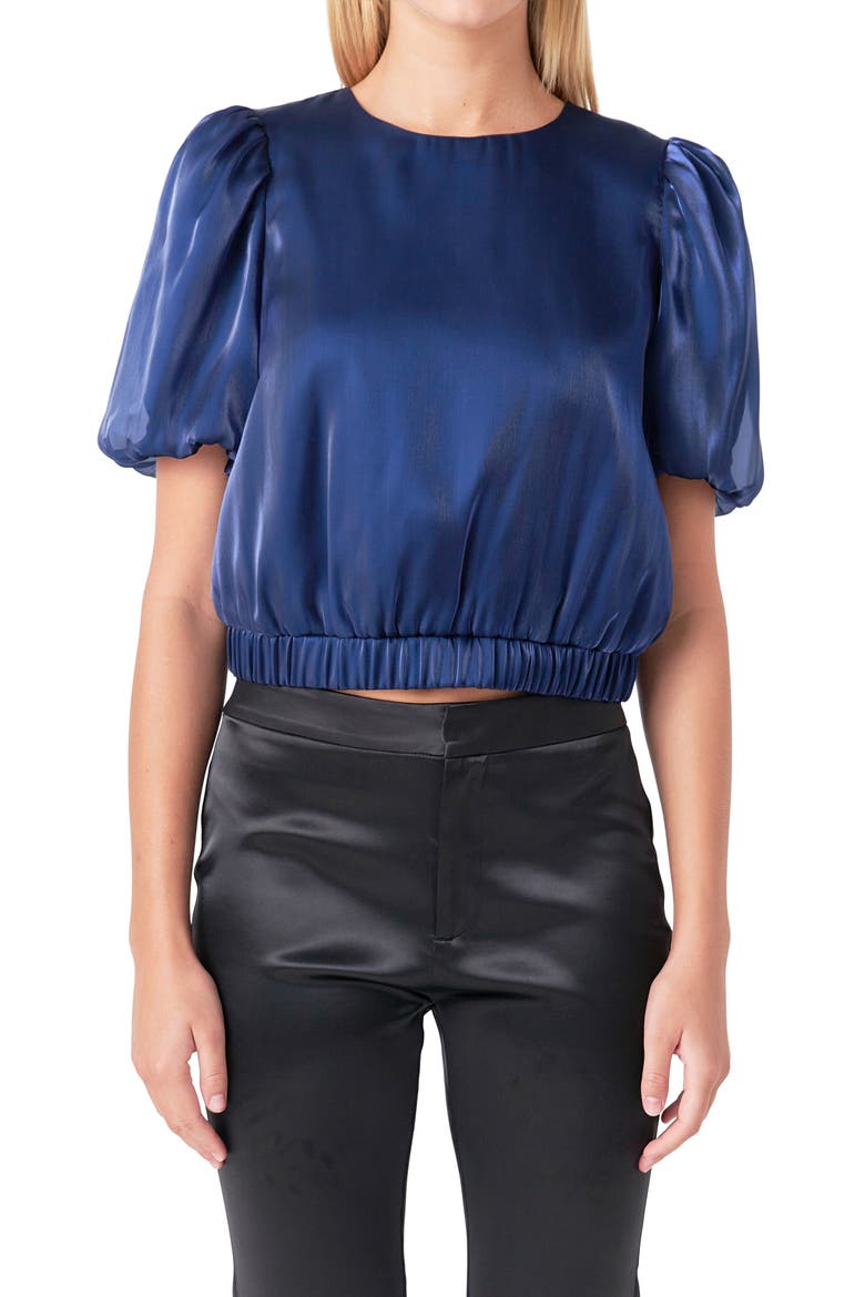 Puff Sleeve Back Tie Top, Main, color, NAVY