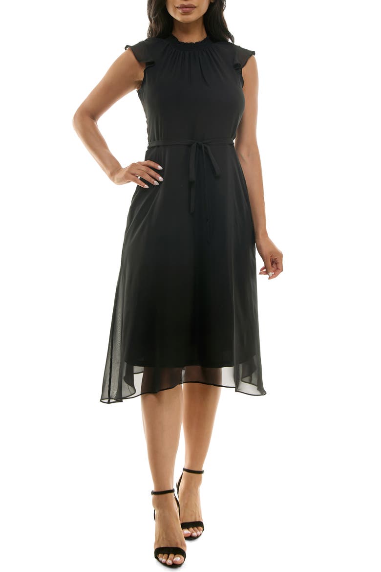 Flutter Sleeve Chiffon Midi Dress, Main, color, BLACK
