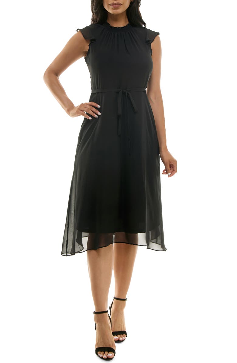 Nina Leonard Flutter Sleeve Chiffon Midi Dress, Main, color, Black