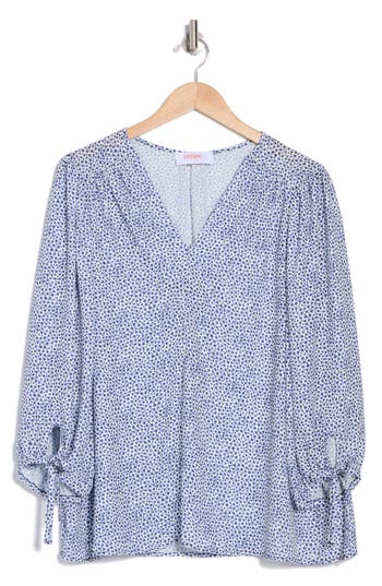 Shop Renee C Dot V-neck Long Sleeve Top In Blue