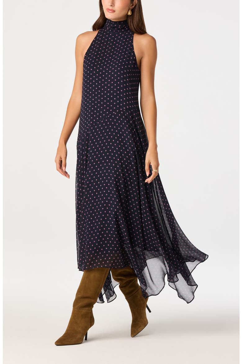 Tiana Polka Dot Mock Neck Midi Dress, Alternate, color, NAVY PINK POLKA DOT