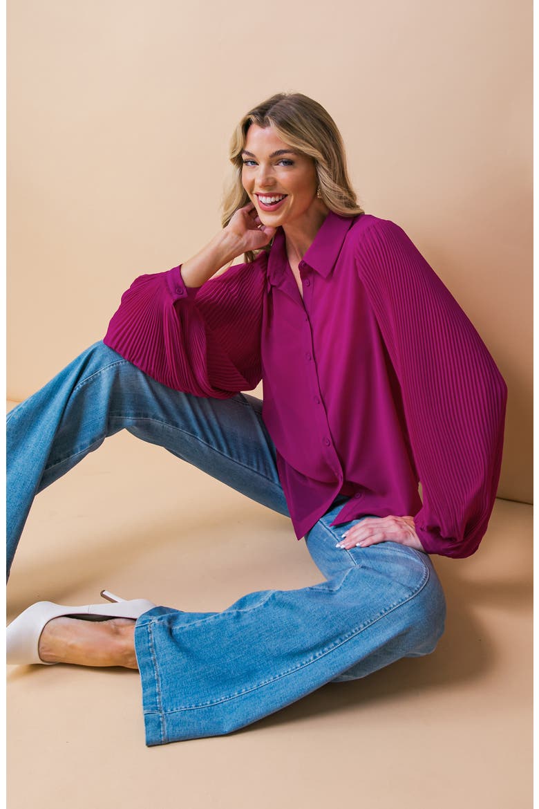 Pleated Sleeve Button-Up Shirt, Alternate, color, MAGENTA