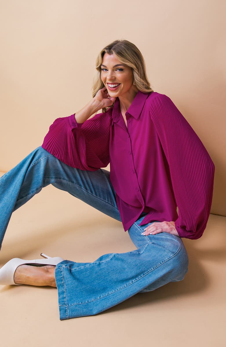 FLYING TOMATO Pleated Sleeve Button-Up Shirt, Alternate, color, Magenta