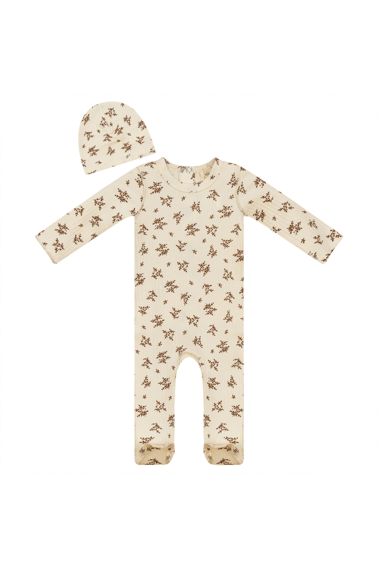 Ribbed Flower Print Romper & Hat, Main, color, Off White/Cognac
