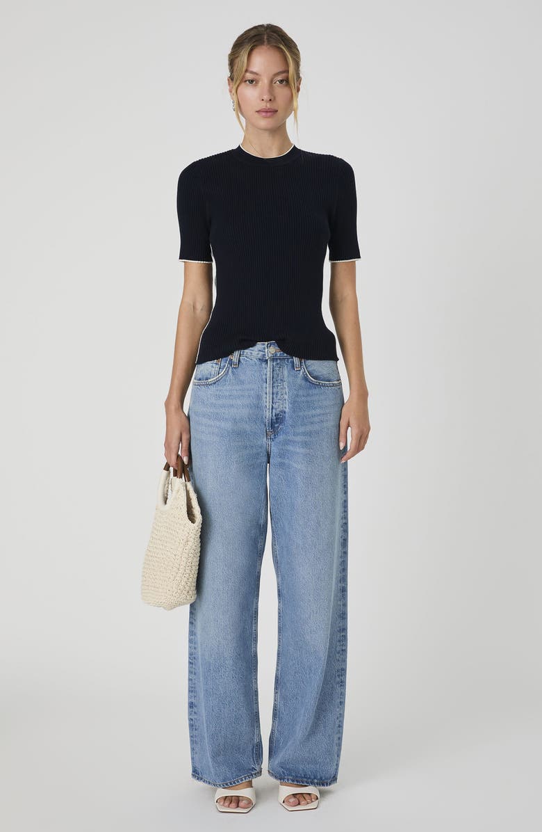 French Connection Mozza Short Sleeve Cotton Rib Sweater, Alternate, color, 40-Marine-Porc Cream