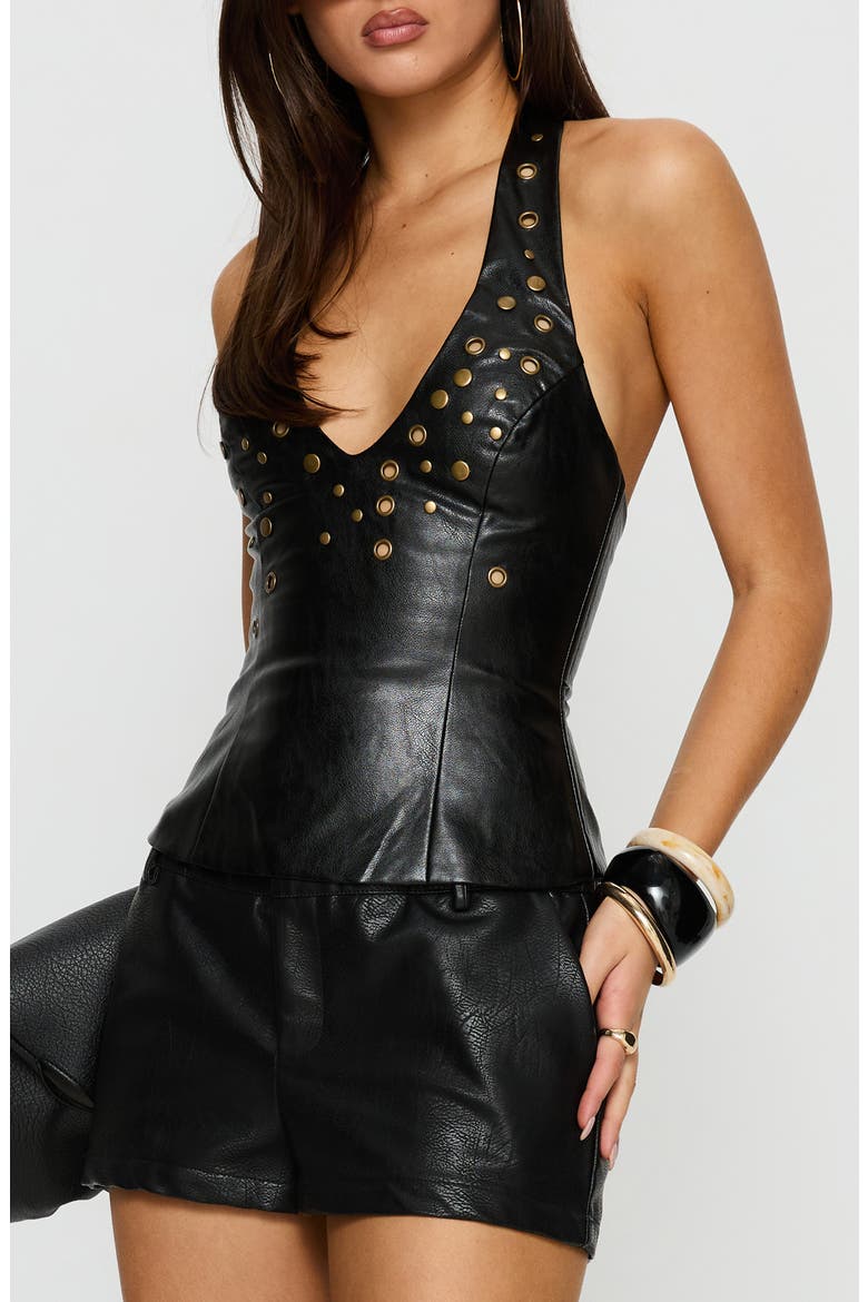 Brooklyne Studded Halter Faux Leather Top, Alternate, color, BLACK