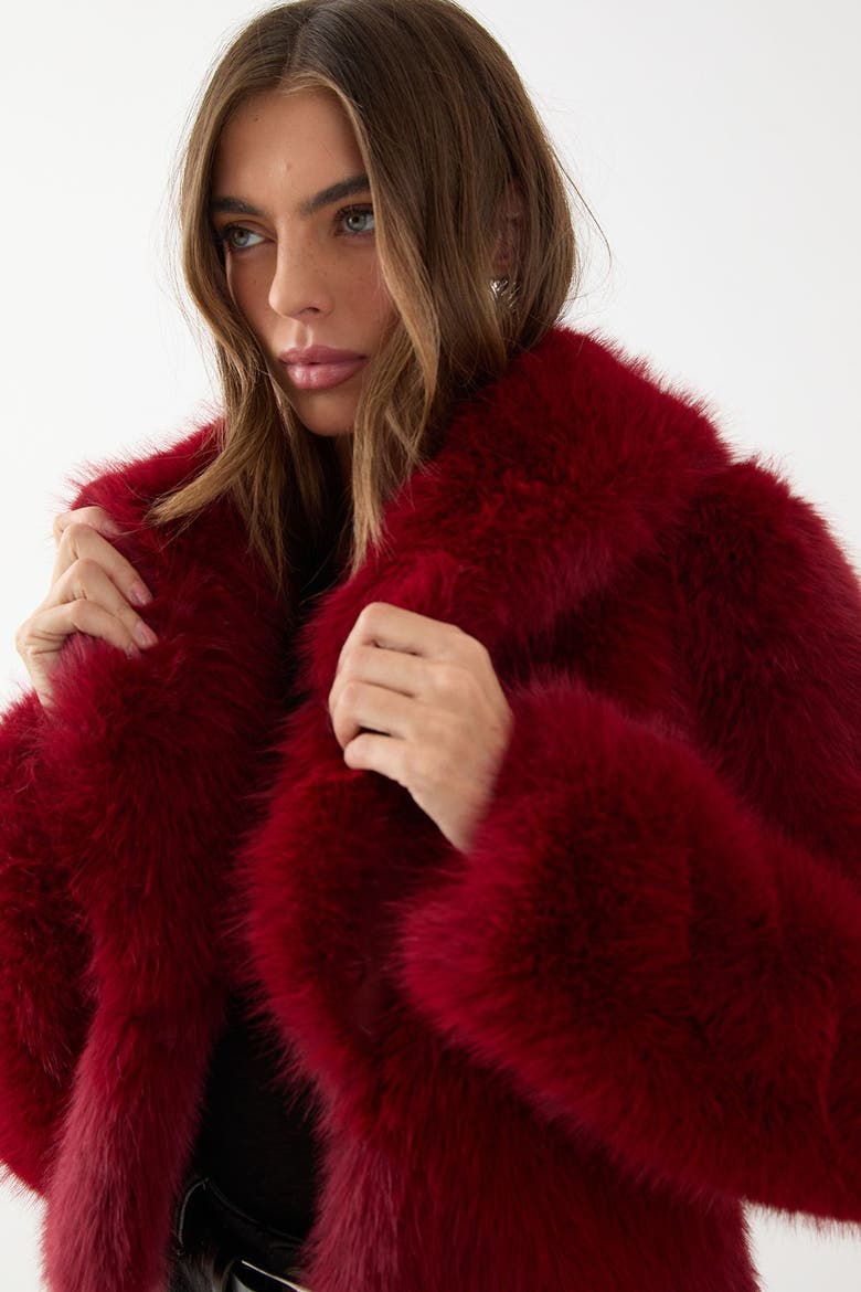 Faux Fur Cropped Collar Coat, Alternate, color, Red