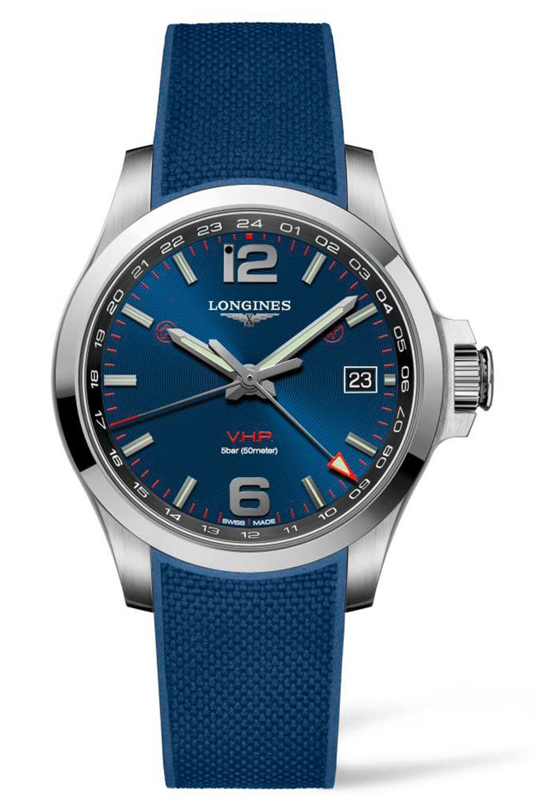 Conquest V.H.P. Rubber Strap Watch, 41mm, Main, color, BLUE/ SILVER