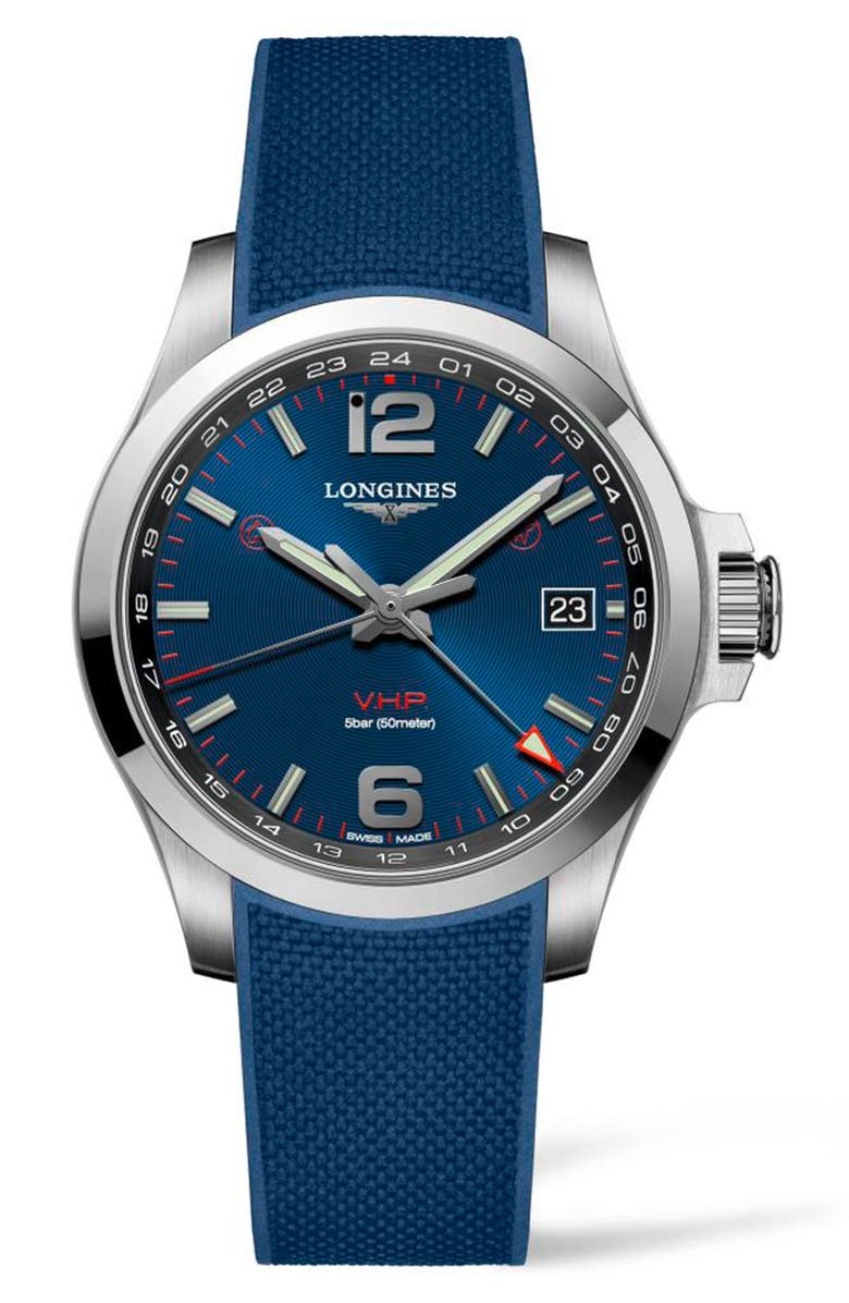 Longines Conquest V.H.P. Rubber Strap Watch, 41mm, Main, color, 
