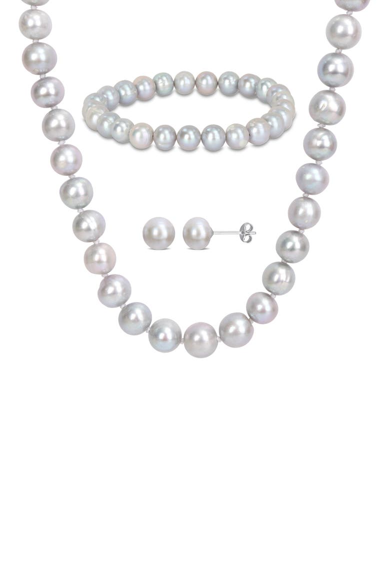 Freshwater Pearl Necklace, Bracelet & Stud Earrings Set, Main, color, GREY