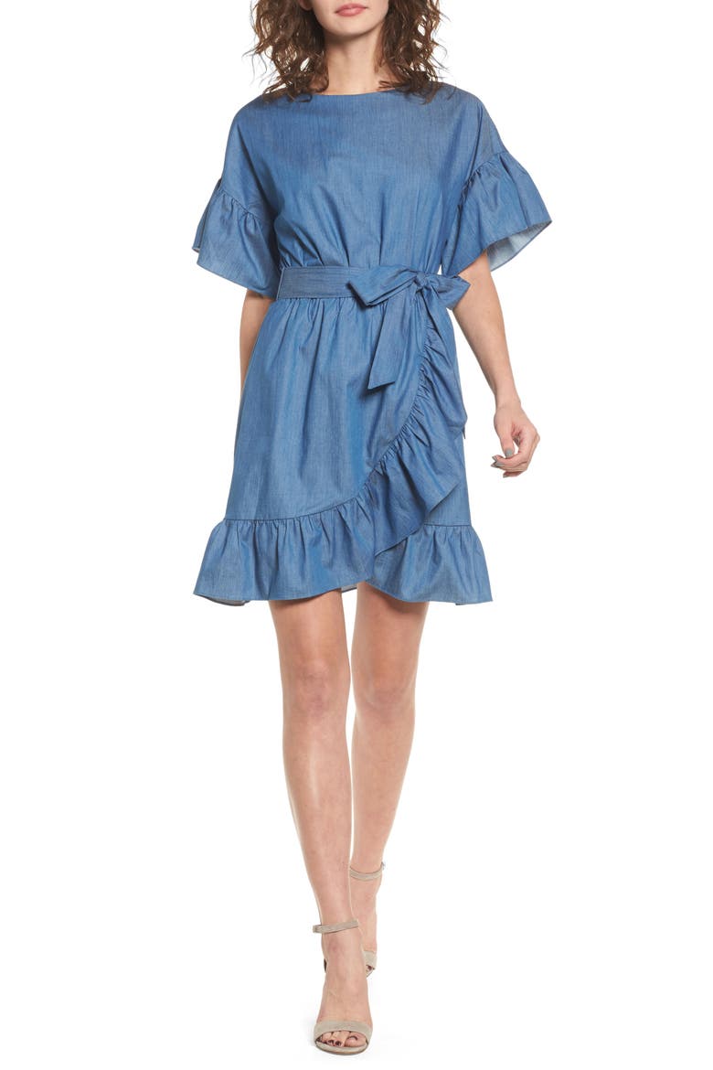 Ruffle Denim Wrap Dress, Main, color, DENIM