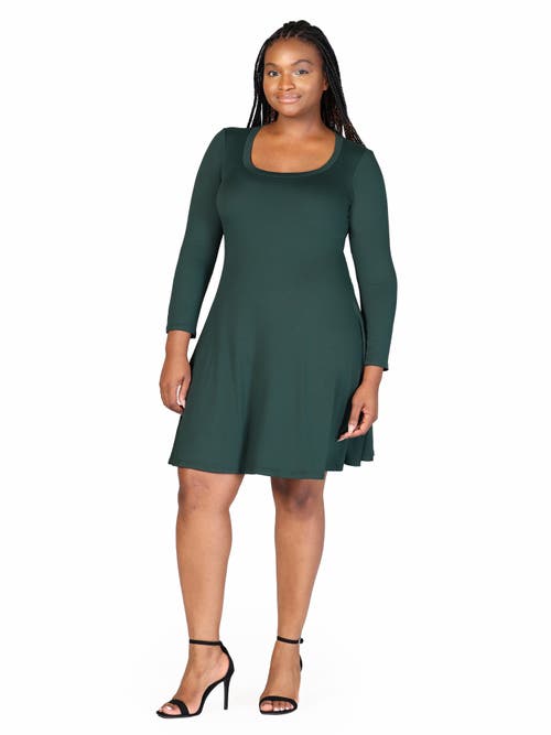 24seven Comfort Apparel Plus Size Classic Long Sleeve  Flared Mini Dress In Green