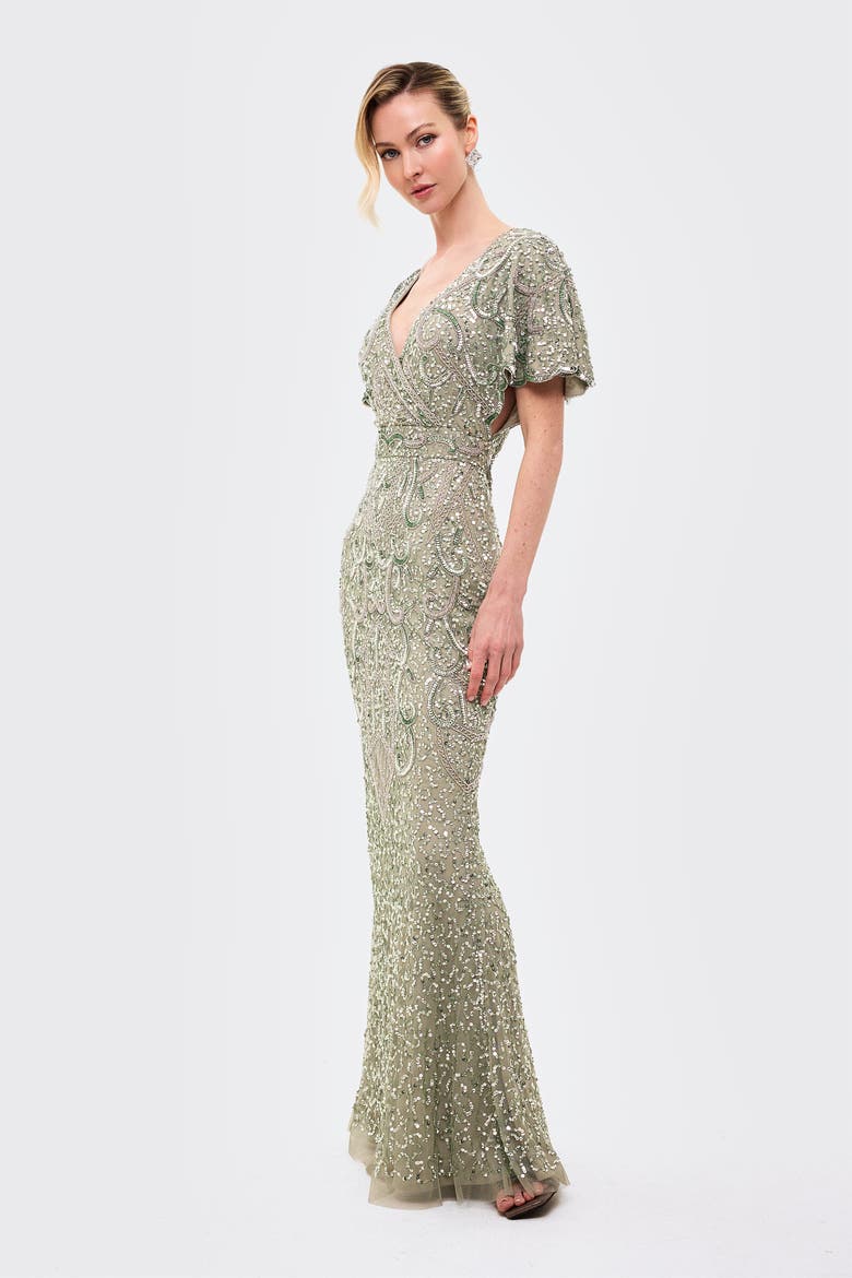 Embellished Sequins Fitted Maxi Gown, Alternate, color, SAGE GREEN