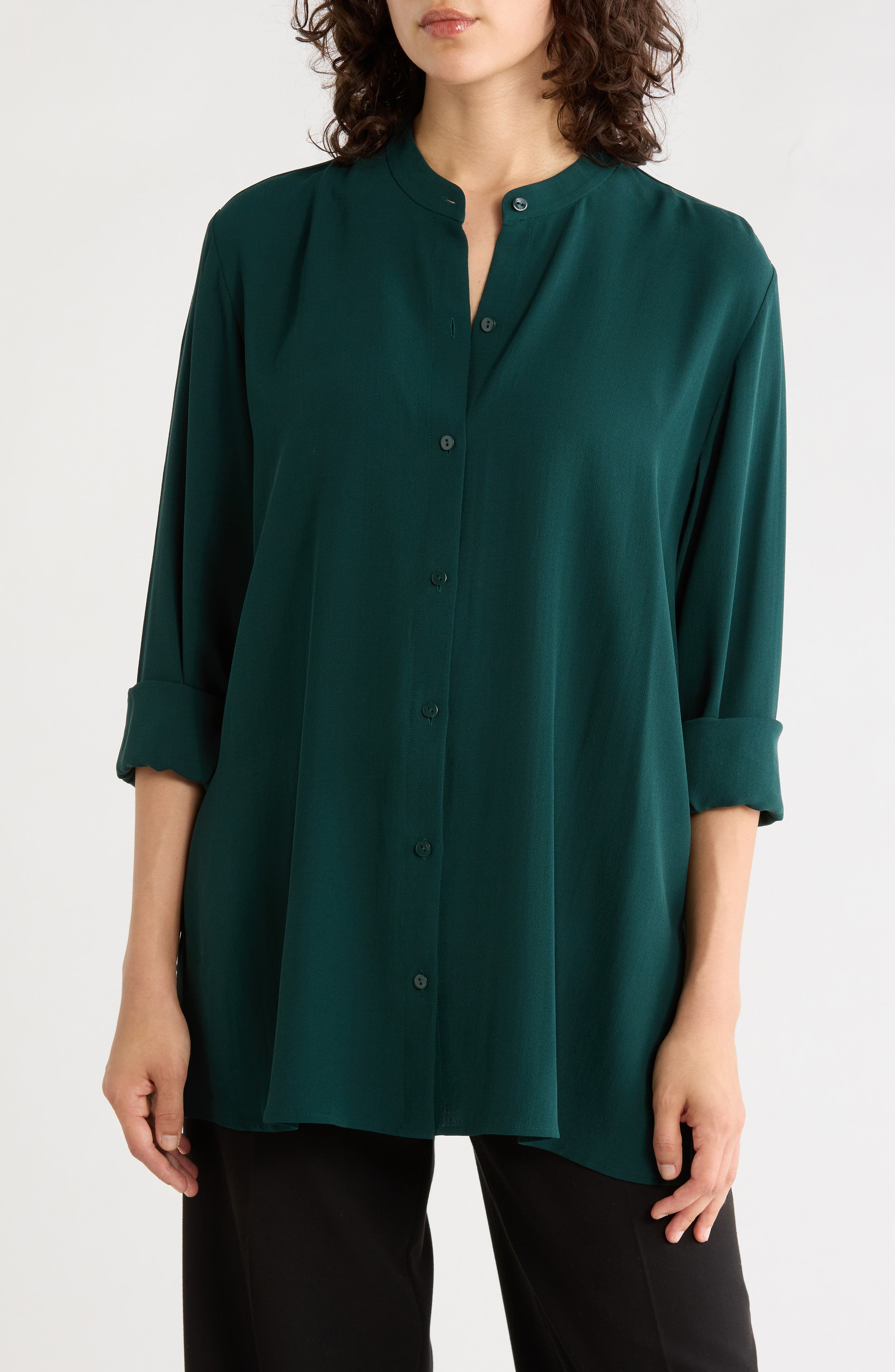 Band Collar Silk Button-Up Shirt