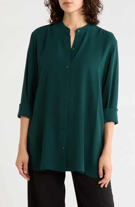 Band Collar Silk Button-Up Shirt