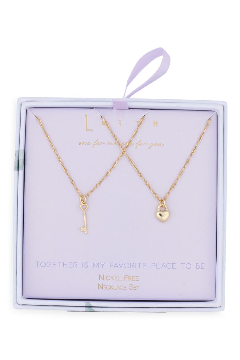 Together Is My Favorite Place To Be Set of 2 You & Me Lock Key Pendant Necklaces, Main, color, GOLD