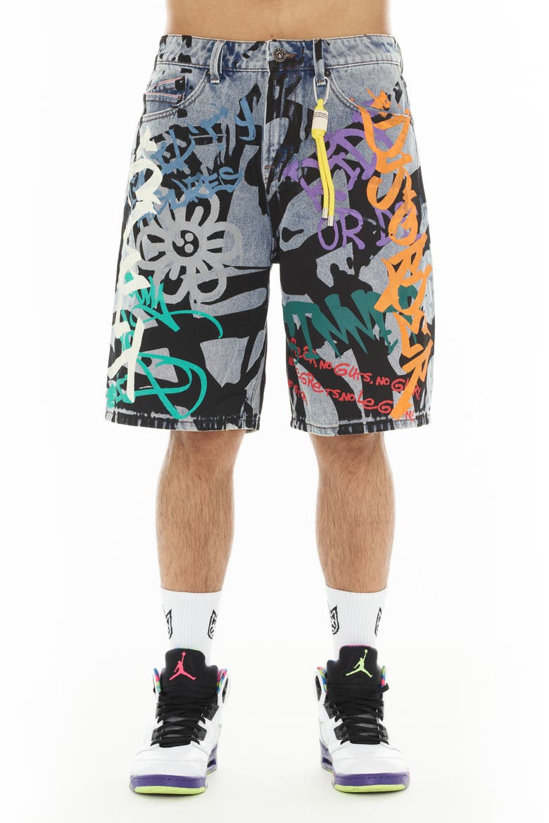 Grunge Distressed Denim Shorts, Main, color, GRAFFITI