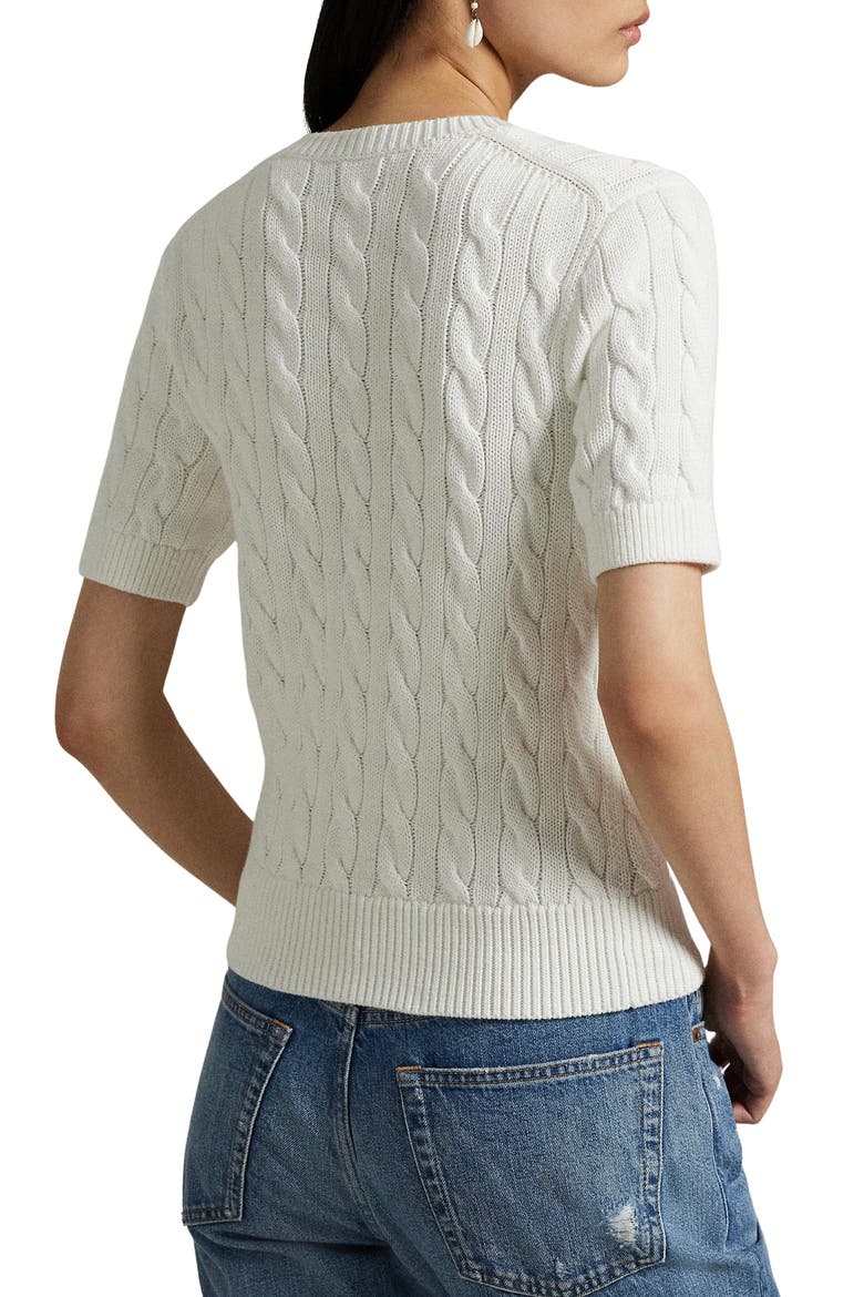 Cable Knit Short Sleeve Cotton Cardigan, Alternate, color, WHITE