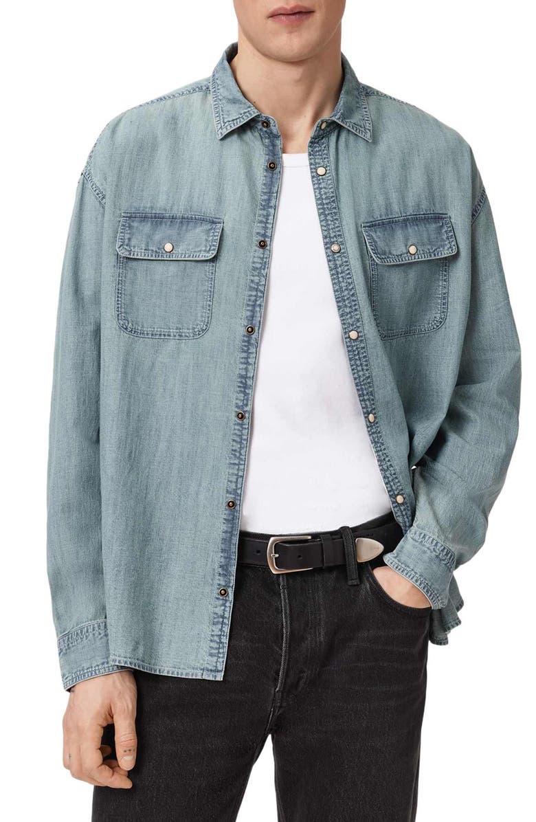 AllSaints Gribbs Cotton Denim Snap-Up Shirt, Alternate, color, Faded Indigo