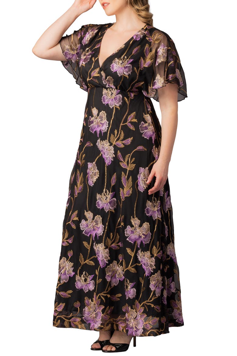 Embroidered Elegance Floral Gown, Alternate, color, PURPLE PEONIES