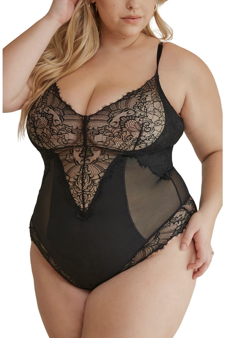 Smoothing Lace Shapewear Bodysuit, Alternate, color, BLACK