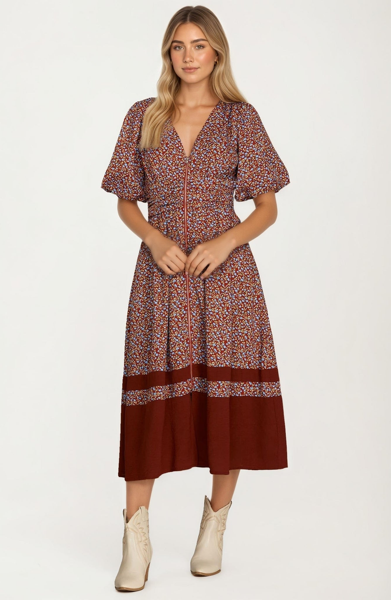 Knit and Lounge Floral Print Zip Front Midi Dress, Main, color, Brown / Rust Floral
