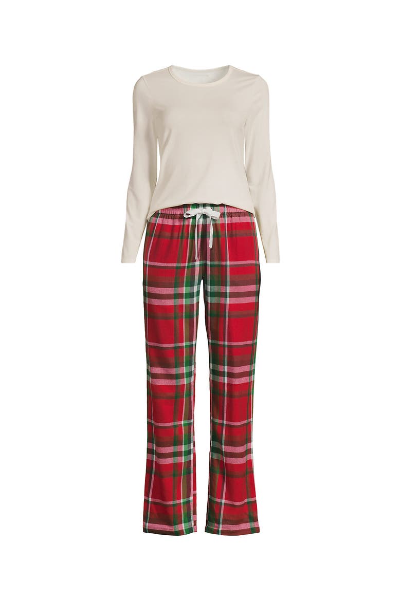 Pajama Set Knit Long Sleeve T-Shirt and Flannel Pants, Alternate, color, Compass Red/Emerald Plaid