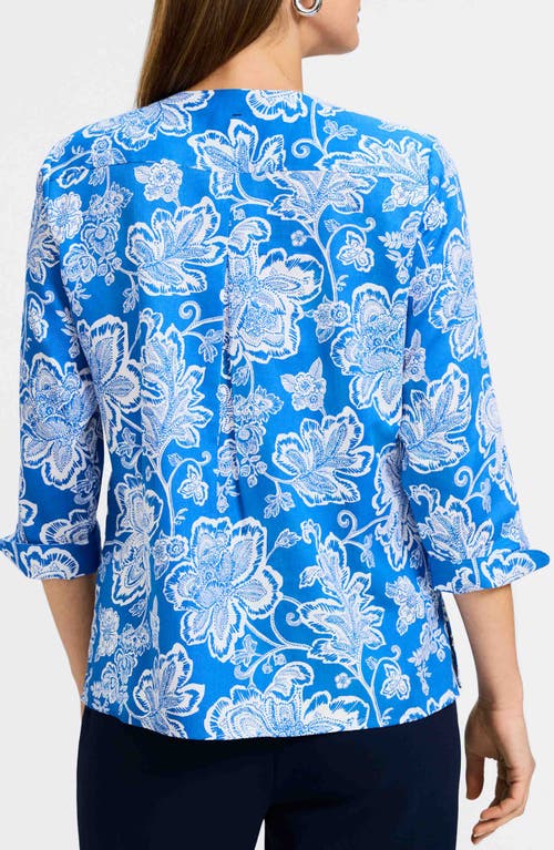 Foxcroft Vena Floral Split Neck Cotton Shirt In Cobalt Blue