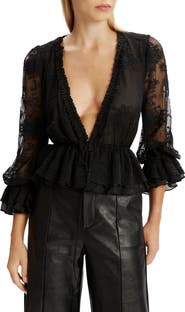 Bardot Natoli Plunge Neck Embroidered Mesh Top
